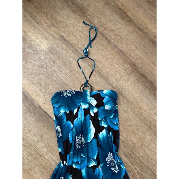 Y2k vintage tropical floral ring halter maxi dress resort hawaiian 4 turquoise - Picture 2 of 7